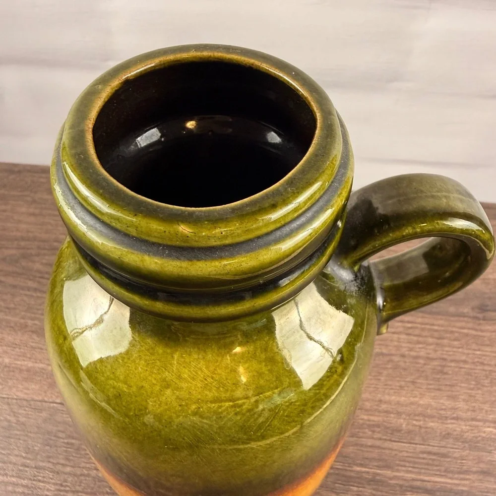 Scheurich 413-26 West German Pottery Krug Handled Vase Green Amber